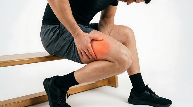 Man with Thigh Muscle Pain & Injury: Sports Medicine, Physical Therapy, Muscle Strain & Recovery Concept
