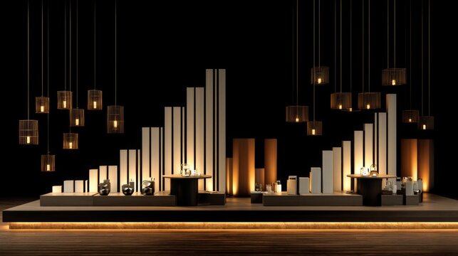 Modern abstract presentation stage with dynamic light features and elegant decor, suitable for upscale events and creative showcases