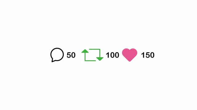 Social media notification pop up counter animation: likes followers, repost and comments icon. 4K videos animated