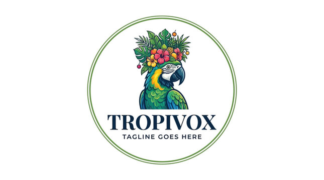 Illustration of a colorful parrot wearing a flower crown