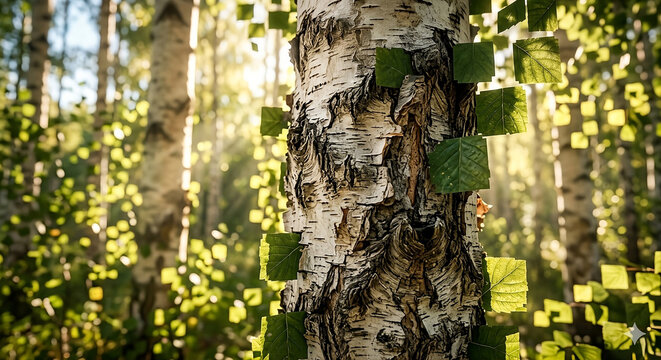 Close-up detalhado de tronco de b&eacute;tula em floresta ensolarada com folhas quadradas estilizadas e raios de sol.