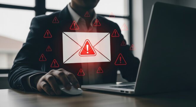 Businessman sitting at desk with laptop and computer mouse surrounded by warning signs and email