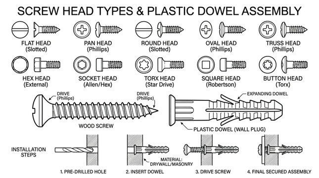 Screw Head Types and Plastic Dowel Assembly Diagram