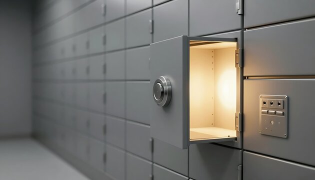 Open safe deposit box in bank vault with glowing warm light, financial security concept