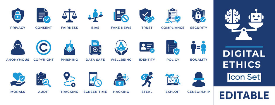 Digital ethics solid icon set. Contains symbols for Copyright, Phishing, Fake News, and Privacy. Flat vector design for cyber security and internet policy.