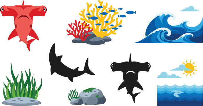 Ocean and Marine Life Vector Set Featuring Hammerhead Shark, Great White Shark, Coral, Seaweed, Waves, Sun, and Underwater Scene Illustrations