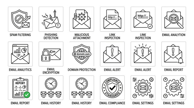 Set of email security and management icons in doodle style.