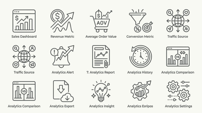 Set of fifteen data analytics and business performance line icons.