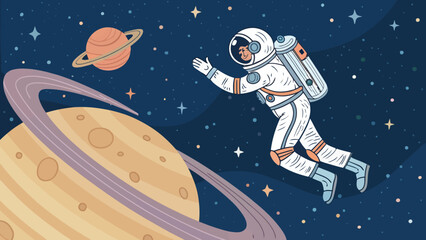 Fototapeta premium Astronaut floating in space near ringed planets and stars with zero gravity astronaut cosmonaut universe floating illustration spaceman exploration discovery adventure astronautics infinite