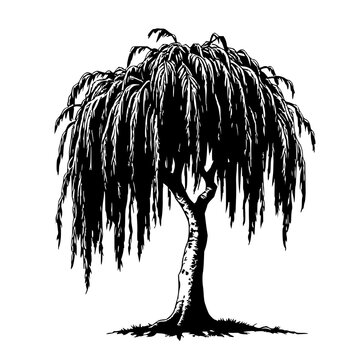 Vintage ink sketch of a weeping willow, detailed drooping branches, botanical engraving style, white background. set with simple line art design featuring outline, illustration, graphic elements wi...