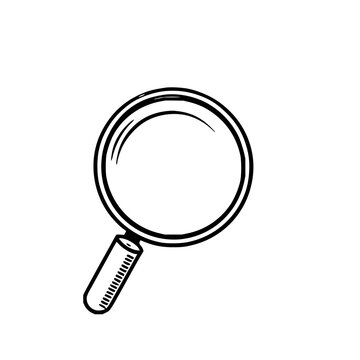 Minimalist vector icon of a vintage magnifying glass, detective investigation symbol, heavy line weight, white background. set with simple line art design featuring sketches, drawings, vector graph...