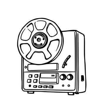 Vintage reel-to-reel tape recorder set with doodle style illustration featuring thick lines, white background, retro audio aesthetic with line art and minimalist