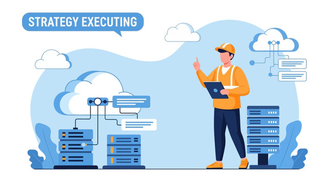 IT professional executing cloud strategy, planning server operations with tablet