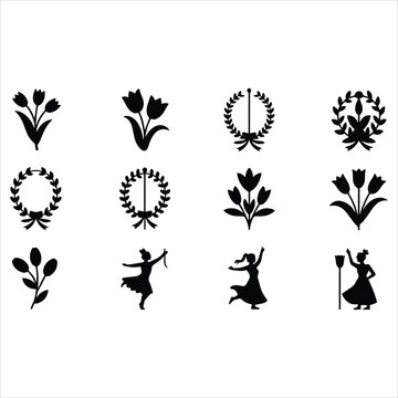 set of black silhouettes of tulip