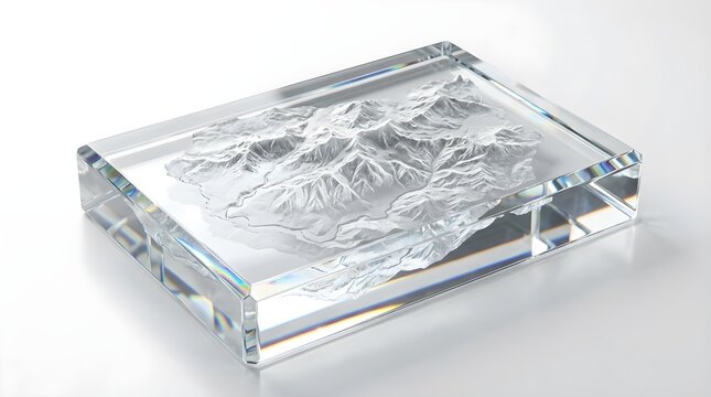 A detailed 3D GIS model of a mountainous terrain, showcasing a DEM/DSM within a clear rectangular block, perfect for architectural or geological visualization