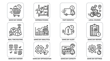 Obraz premium Set of line icons for same day delivery logistics and shipping services.