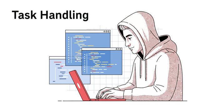 Young Programmer Working on Laptop with Code on Screen, Task Management Concept