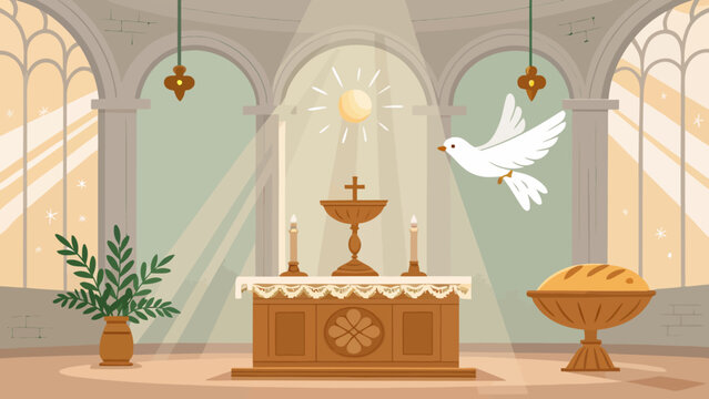 Christian church interior with altar candles dove representing holy spirit stained glass light rays religious ceremony holy communion divine presence sacred space worship service