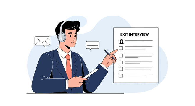 Man in headphones conducting exit interview with checklist and mail icons