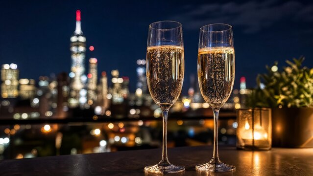 flutes. Two champagne flutes bubbling against a night sky, exuding a celebratory and festive mood. bar promotions, beverage menus, designed for product packaging and bar promotions.