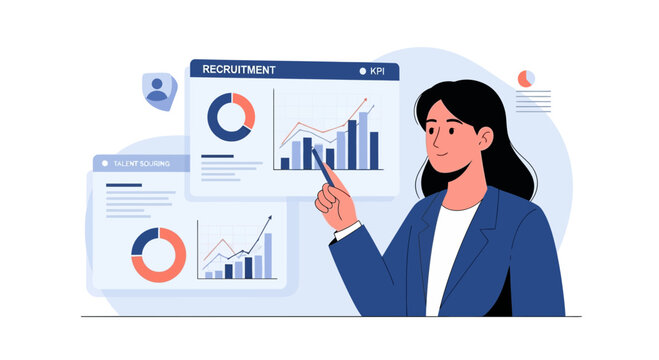Woman analyzing recruitment data charts and KPIs, business analytics