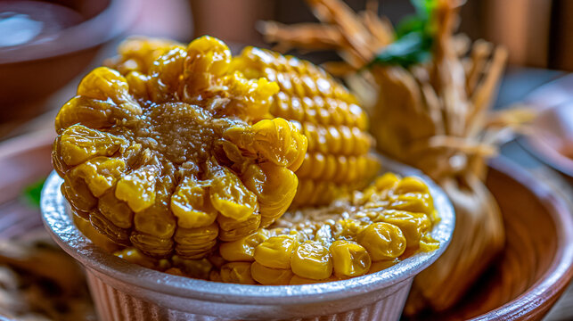 Close-up of freshly cooked corn on the cob slices served in a cup with side dish, food and drin