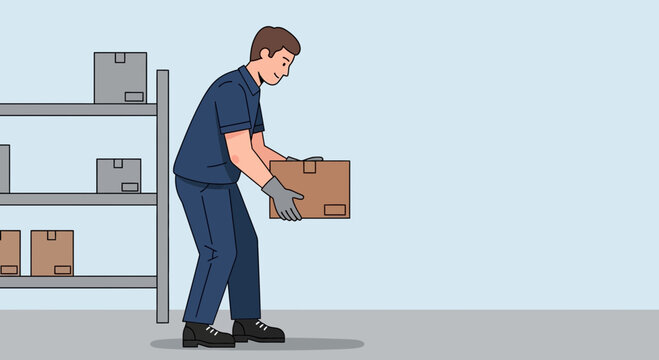 Warehouse worker lifting box safely, correct posture, logistics, shipping, manual handling