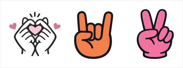 Fototapeta premium Hand Gestures Vector Icons In Bright Colors With Simple Shapes Representing Love Rock and Peace Concepts