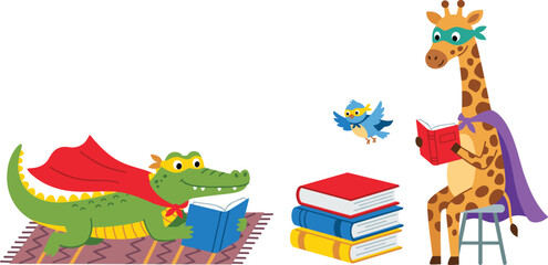 Cute Superhero Animal Characters Including Giraffe, Crocodile, and Bird Reading Books for School Library, Literacy Education, and Childrens Storytelling Inspiration Vector Designs © Sanjida