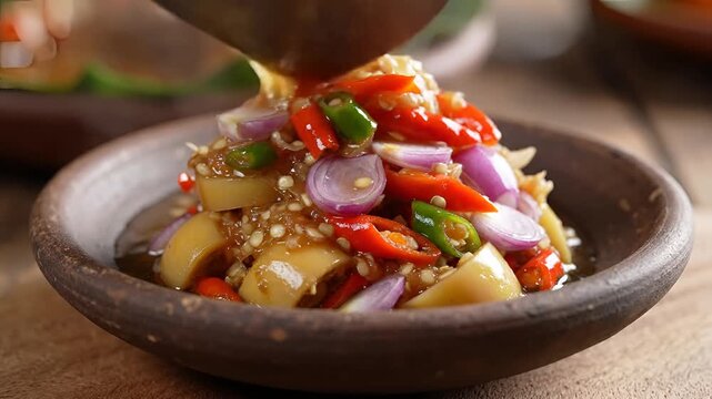 Delicious Indonesian Sambal Matah served in a traditional clay bowl.