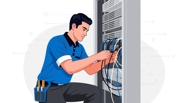 Technician working with server racks and data cables