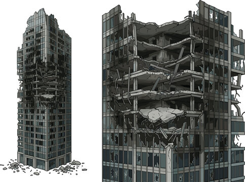 Destroyed skyscraper buildings isolated, damaged urban tower ruins after earthquake disaster vector illustration