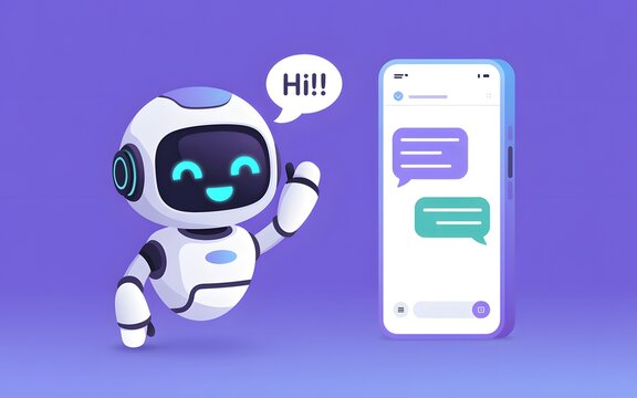 Cheerful robot character greeting with a smartphone displaying a chat conversation on a purple background.