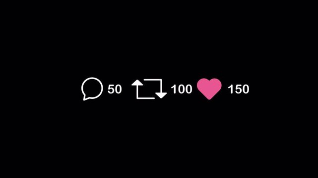 Social media notification pop up counter animation: likes followers, repost and comments icon. 4K videos animated