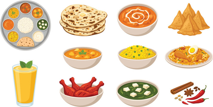 Authentic Indian Food Collection Featuring Thali, Naan Bread, Samosas, Biryani, Butter Chicken, and Lassi Drink for Restaurant Menu and Culinary Cultural Design