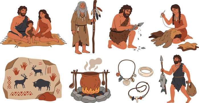 Prehistoric Stone Age Life Concept Set Featuring Cavemen Family, Hunting, Tool Making, Primitive Cooking, and Ancient Rock Art for History Education and Anthropological Vector Designs