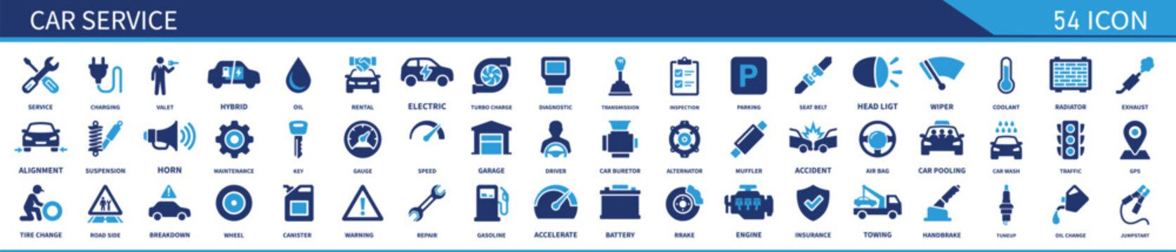 Car Service and Repair Icon Set Containing Car Wash, Vehicle, Garage, Engine, Oil, Maintenance, Accelerate, Brake, Diagnostic, Electric, Solid Vector Icons Collection