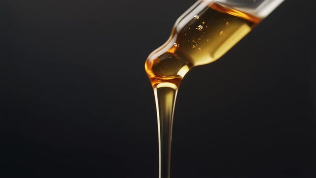 Cinematic close-up of golden liquid dripping from glass dropper in slow motion, with tiny bubbles, dark background, symbolizing health, wellness, and precise measurement