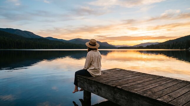 Woman sits on a wooden dock enjoying stunning sunset over wide serene lake surrounded by forested mountains.