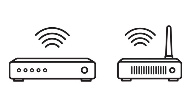 Wireless router line icon set with wifi signal symbols isolated on black background