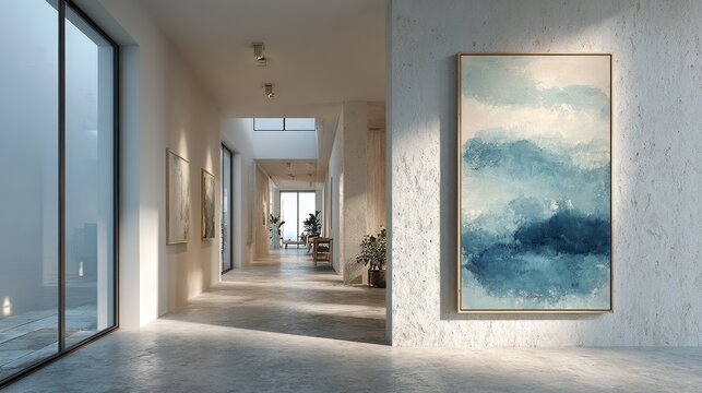 Minimalist modern interior with white cement walls and microcement finishes, featuring a framed blue-indigo painting as serene focal point with natural light