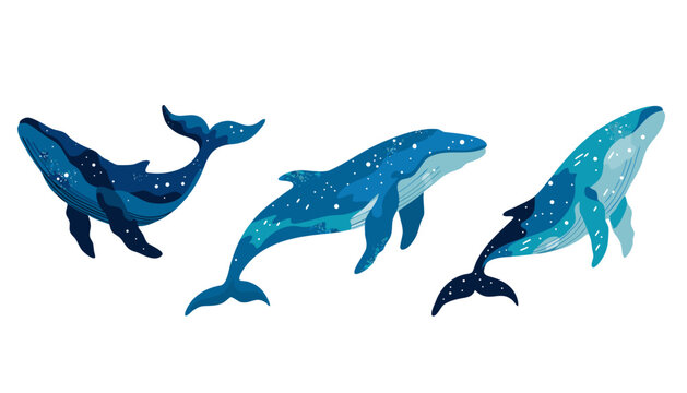 Three stylized blue whales illustrated in watercolor textures, each swimming in different directions with wavy line details on their undersides.