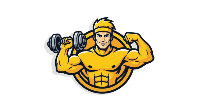 Muscular man with dumbbells, flexing biceps, fitness logo, gym icon, bodybuilding concept