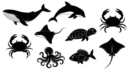 Diverse Sea Creatures Silhouette Collection: Whale, Dolphin, Crab, Turtle, Ray, Octopus, Fish © Sandal