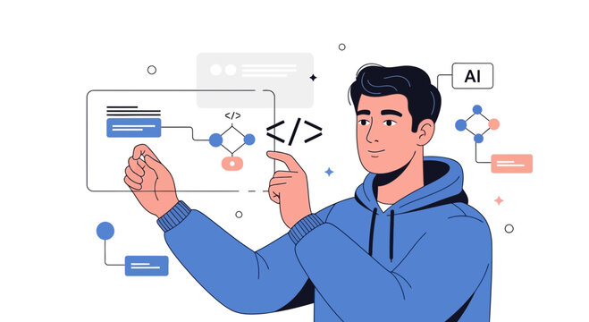 Man Interacting with AI Flowchart and Code Symbols | Technology Concept