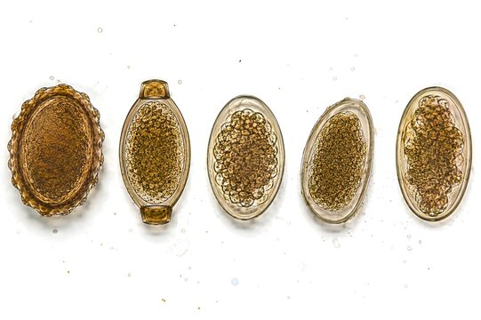 Top 5 Human Nematode Eggs Under Microscope Isolated on White Background