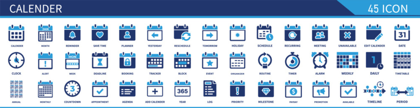 Calendar Icon Set Containing Date, Schedule, Month, Week, Appointment, Agenda, Organization, Event, Reminder, Timeline, Planner, Deadline, Solid Vector Icons Collection