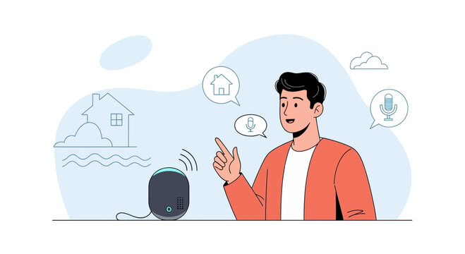 Man interacting with smart speaker, voice command, home automation concept