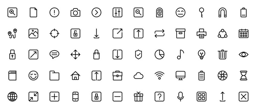 Essential icon set. Minimal thin line icons pack. Featuring zoom in, file, warning, photo camera, right arrow, level, zoom out, fingerprint, key and more. Editable vector stroke.