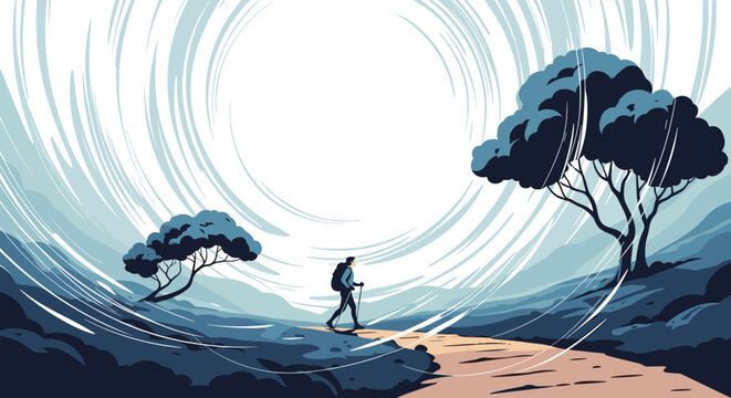 Lone hiker walking along a path in a dramatic and windy landscape with stylized trees and clouds during a trekking trip.